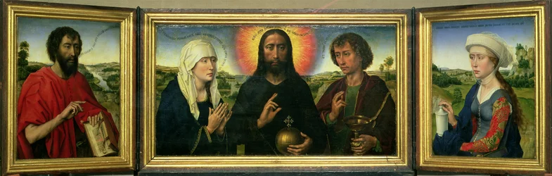 Das Braque-Familientriptychon: (LtoR) St. Johannes der Täufer, Christus der Erlöser zwischen der Jungfrau und St. Johannes der Evangelist, St. Maria Magdalena (Detail)